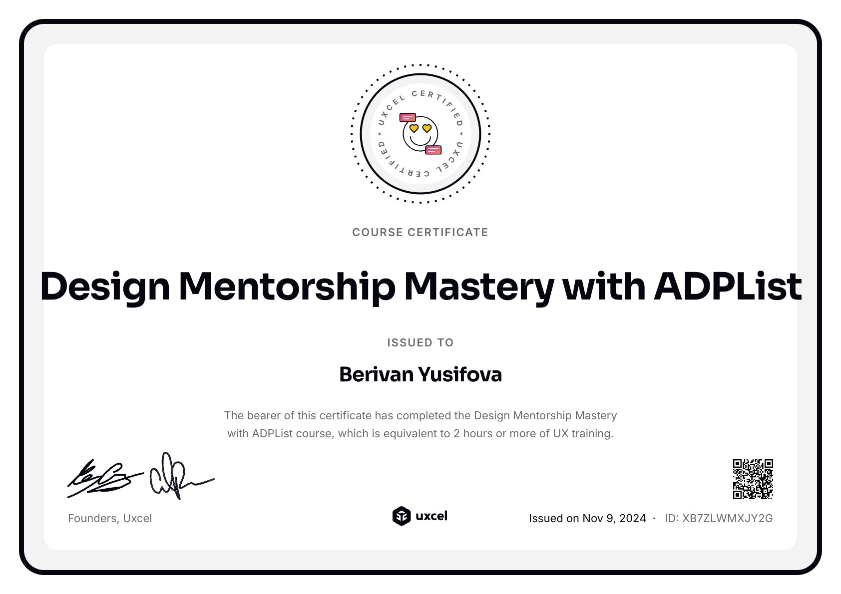 Berivan Yusifova's certificate